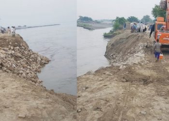 لیہ ۔ بیٹ گجی حفاظتی بند میں دریائی کٹاءو سے شگا ف پڑنے پر پتھر ڈالنے کا آپریشن مکمل