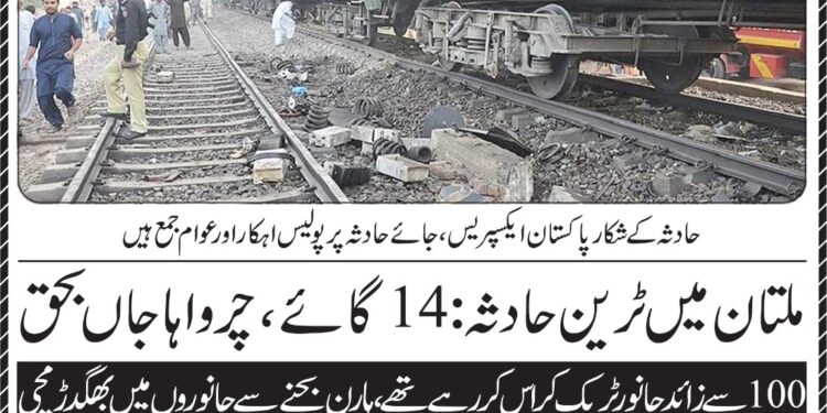 ملتان میں ٹرین حادثہ ، ً14گاءیں ، چرواہا جاں بحق